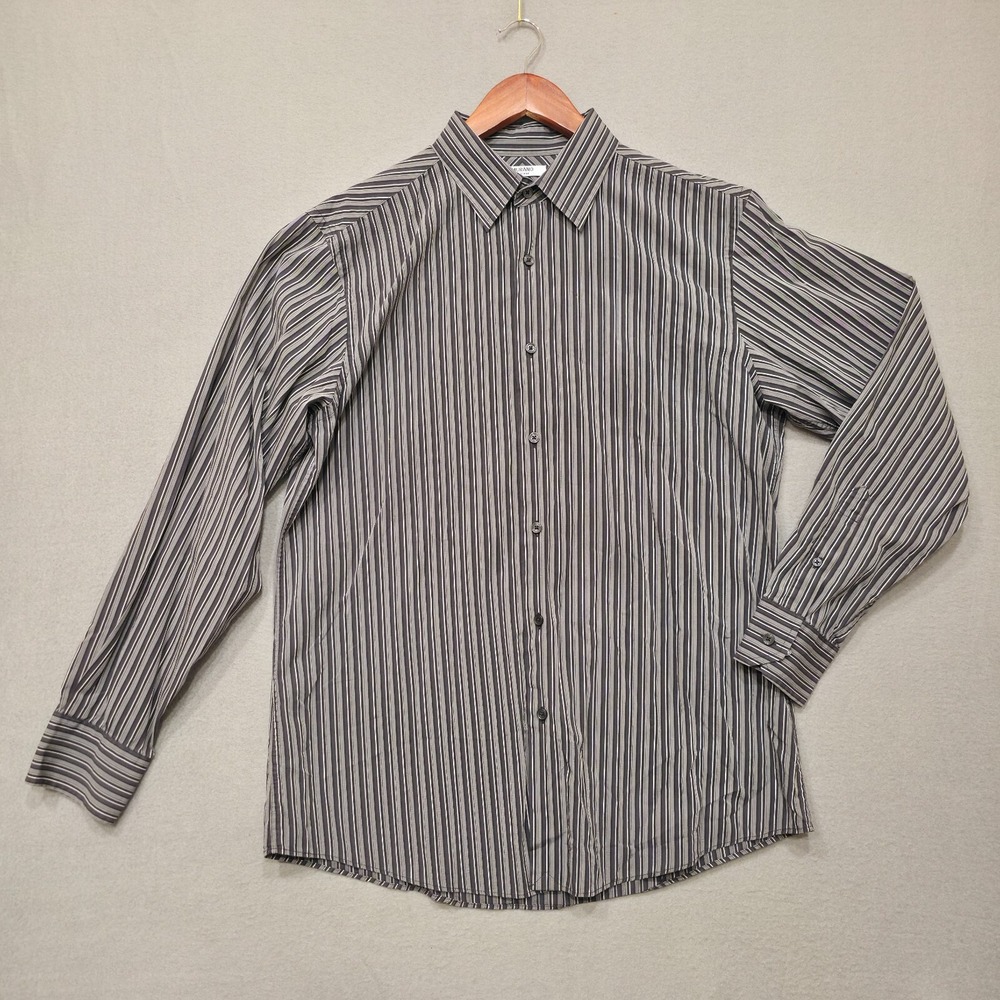 Murano Mens Black Striped Long Sleeve Button Up‎ Silk Blend Shirt Size Large